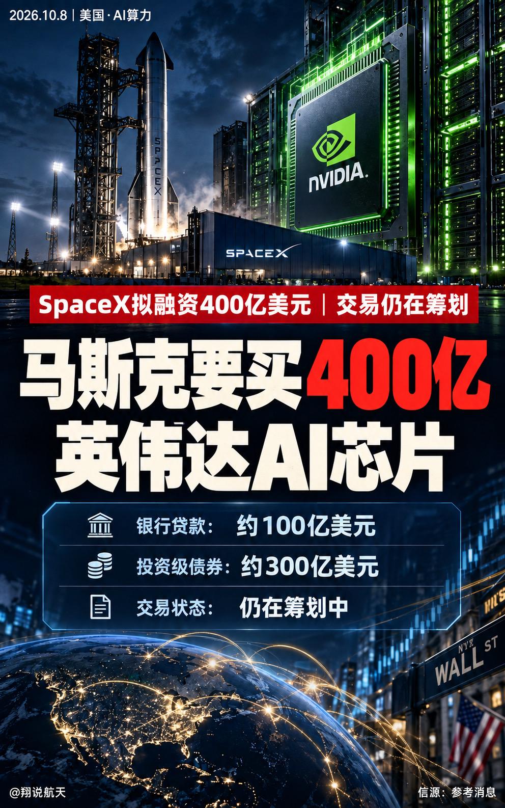 SpaceX正筹划由阿波罗全球管理牵头的融资，拟筹集约400亿美元采购英伟达AI