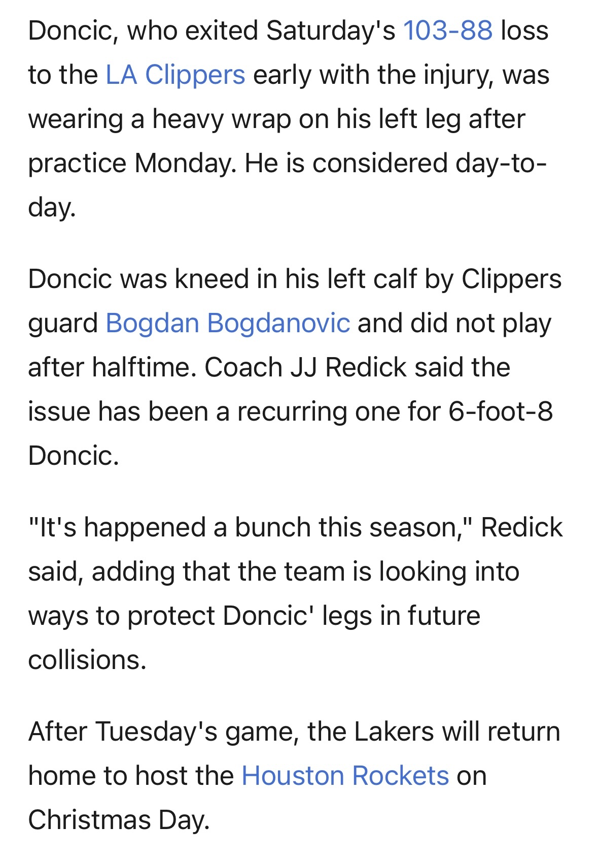 Dave McMenamin：东契奇伤病源于快船队后卫博格丹膝盖撞到了东契奇的左