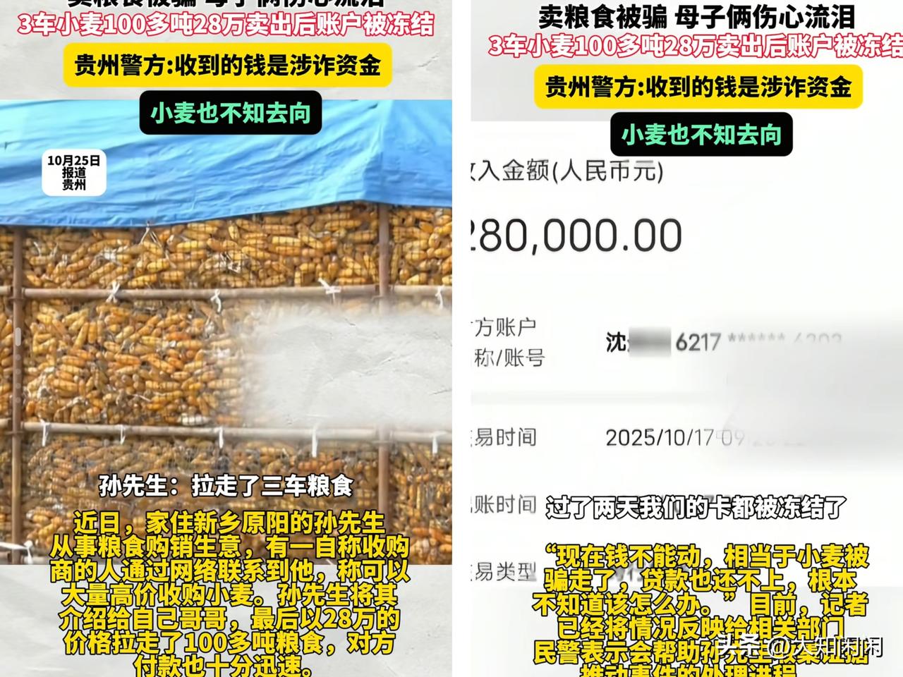 河南新乡，一对母子卖小麦
3车小麦共100多吨，卖了28万
结果

卡被冻结了，