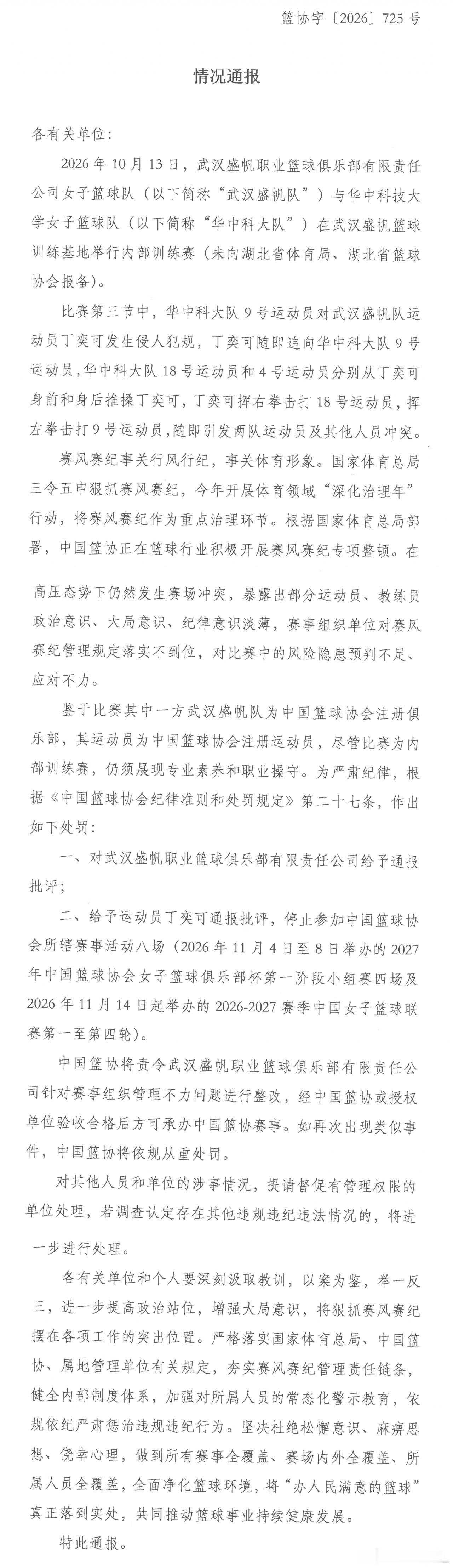 【官方：武汉盛帆女篮丁奕可禁赛8场！】中国篮协官方发布公告，对武汉盛帆女篮俱乐部