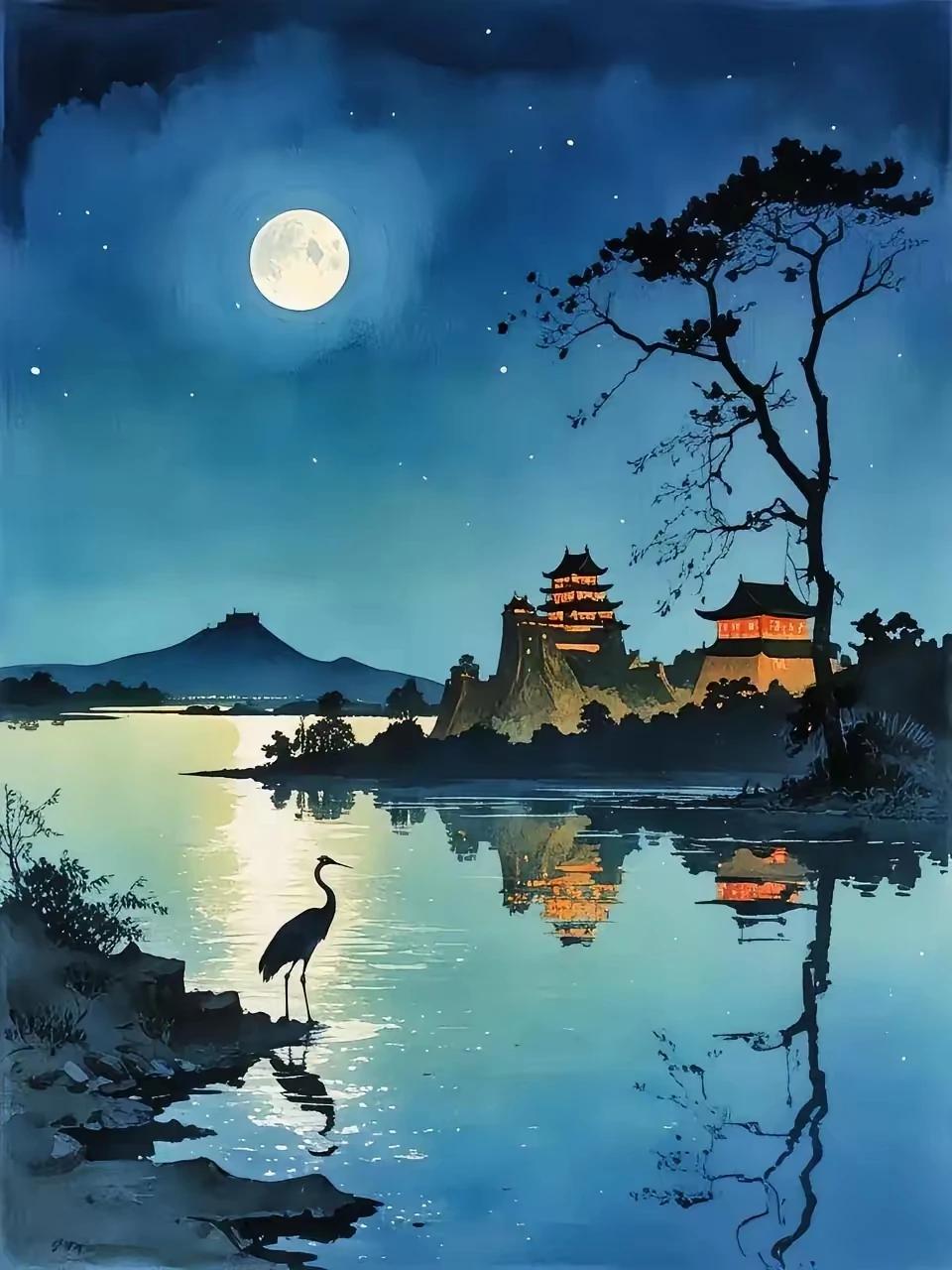 夕阳西下浮碧水
残霞曳影吻寒潭