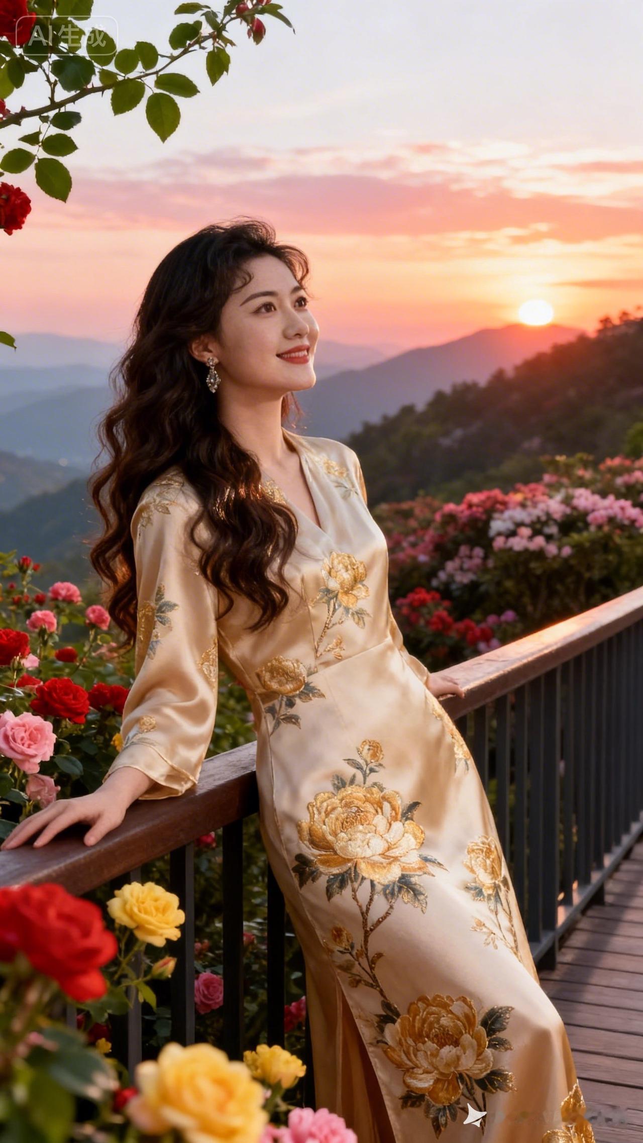 夕阳下的优雅时光，金色的裙摆随风飘动，与绚烂的花海相映成趣。