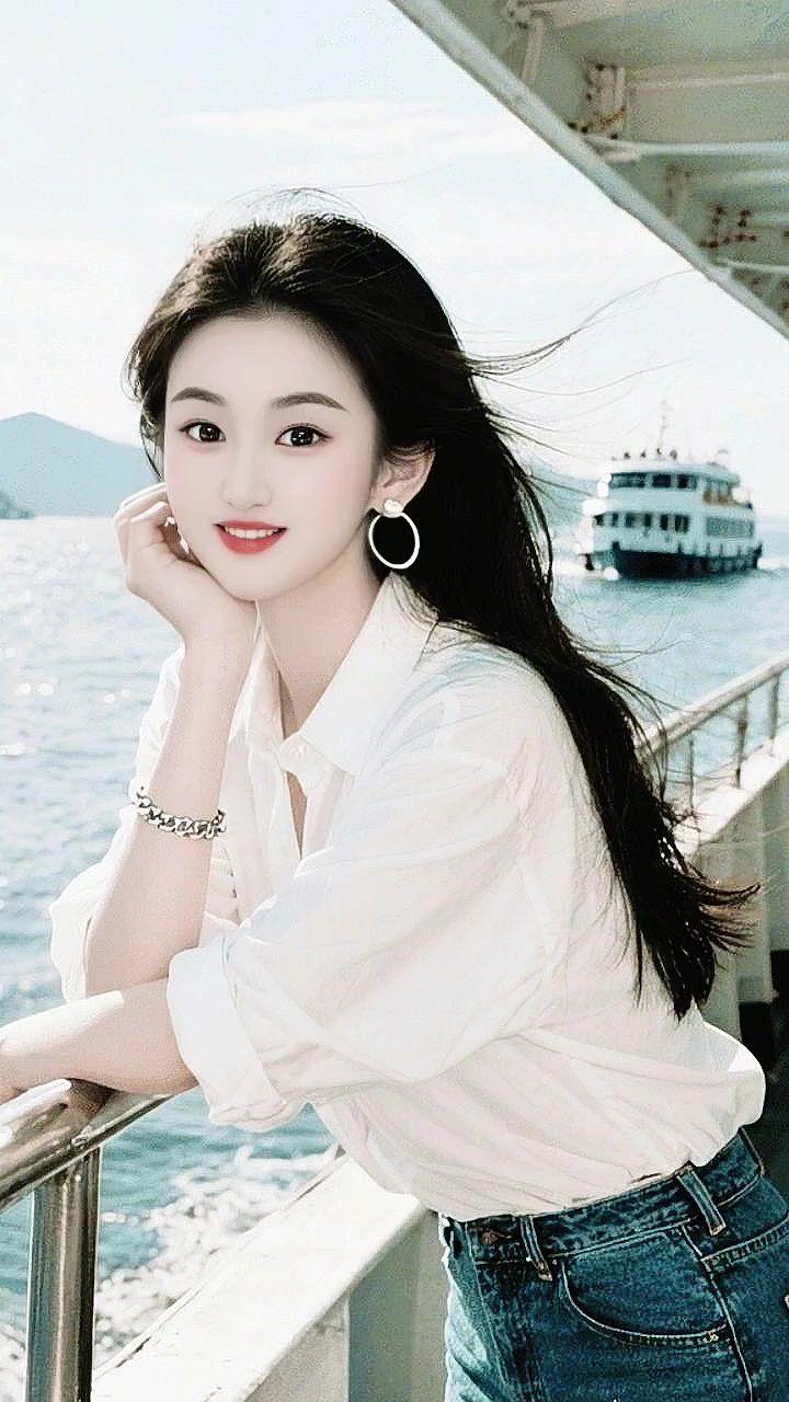 城市海岸 海边白衣美女 游艇海风写真 海边清甜风 海上治愈系