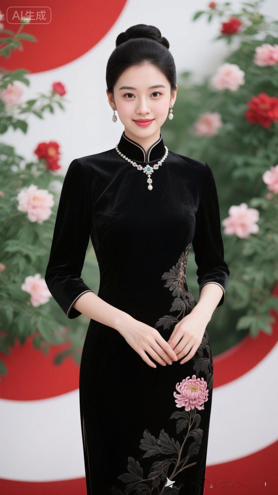 优雅黑裙，尽显东方韵味，珠宝点缀，尽显高贵气质。