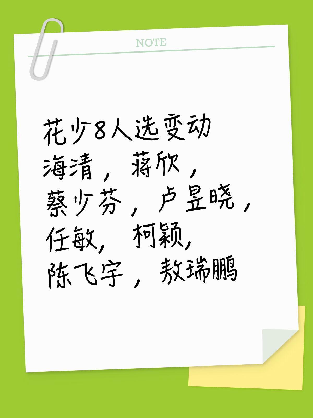 花少8人选变动海清 ，蒋欣 ，蔡少芬 ，卢昱晓 ，任敏， 柯颖， 陈飞宇 ，敖瑞
