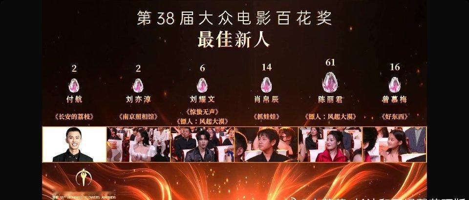 陈丽君最佳新人遥遥领先，实至名归。我觉得最佳新人有点屈才了，她应该在最佳女主那一