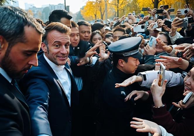马克龙这么受欢迎吗？
面对这么热情的场面，马克龙是不是有点招架不住啊？
马克龙应