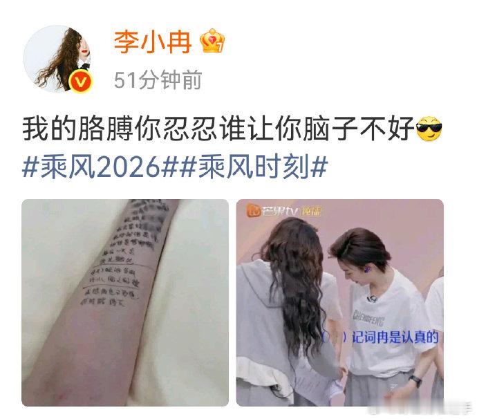 李小冉歌词小抄抄了一胳膊 努力又可爱的代表，把歌词抄满手臂，还暖心跟自己的胳膊道