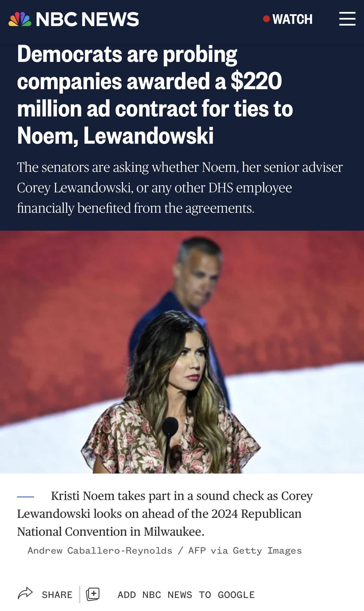 根据NBC新闻获得的信件，民主党参议员正在调查三家获得由即将离任的国土安全部长K