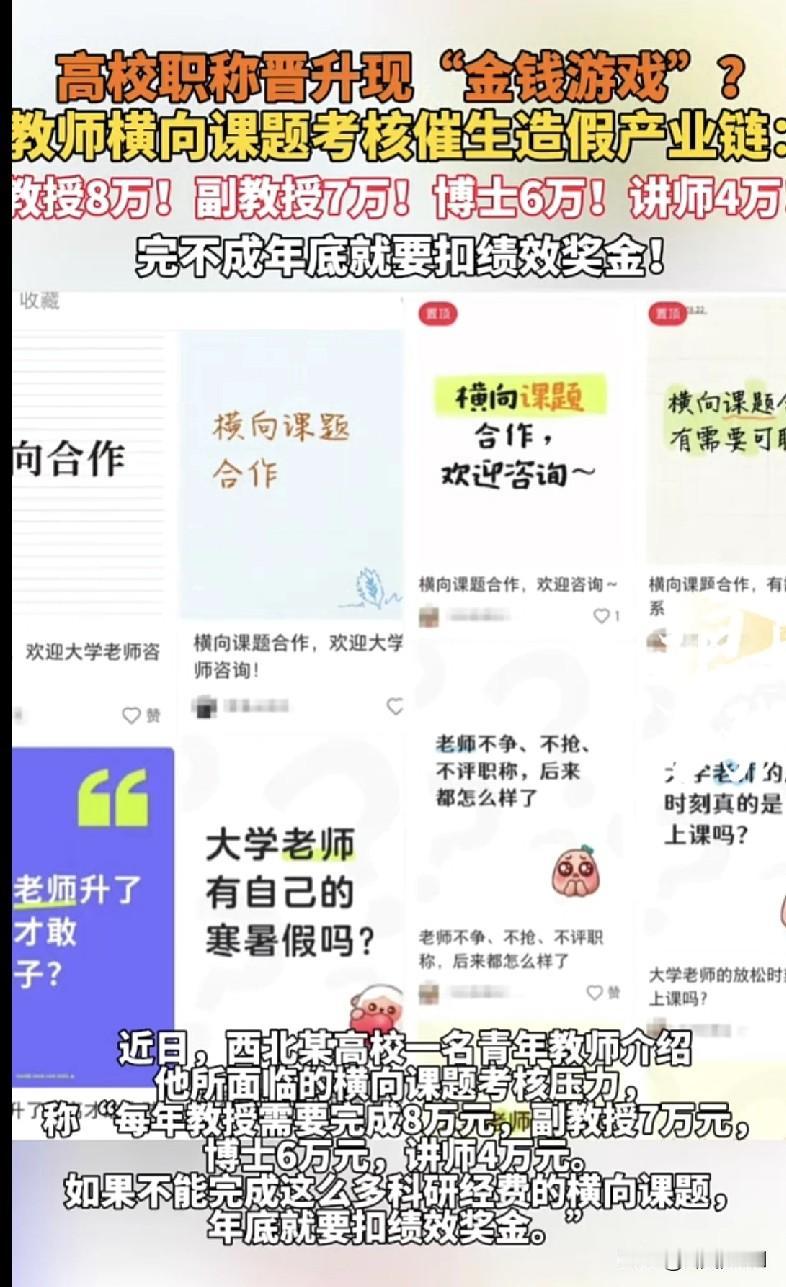 “天呐！高校职称晋升居然变成‘金钱游戏’了？！有老师爆料，教授每年得搞8万横向课