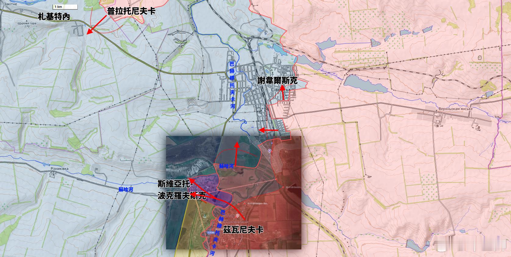 更新謝韋爾斯克城區戰鬥俄軍沿著謝韋爾斯克南側推進1.5公里，渡過巴赫穆托夫卡河，