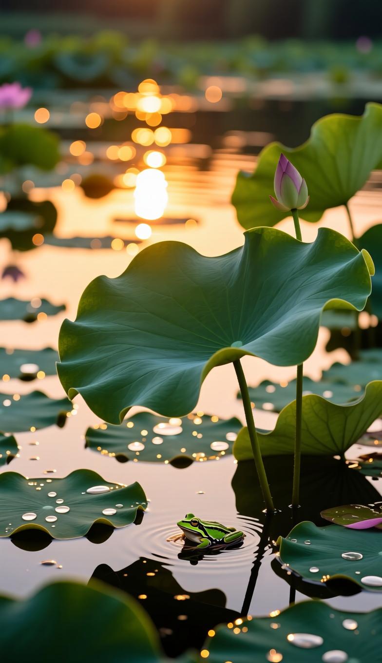 夏·荷塘晚
 
夕照荷塘碎金波，
风牵翠盖舞轻罗。
暗香浮动蛙声里，
一枕清凉夏