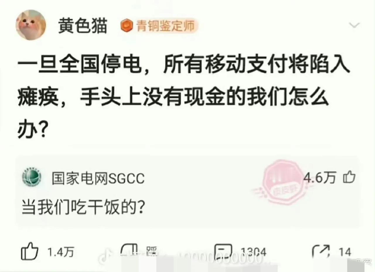 网友：一旦全国停电，所有移动支付都将陷入瘫痪，手头上没有现金的我们怎么办？

国