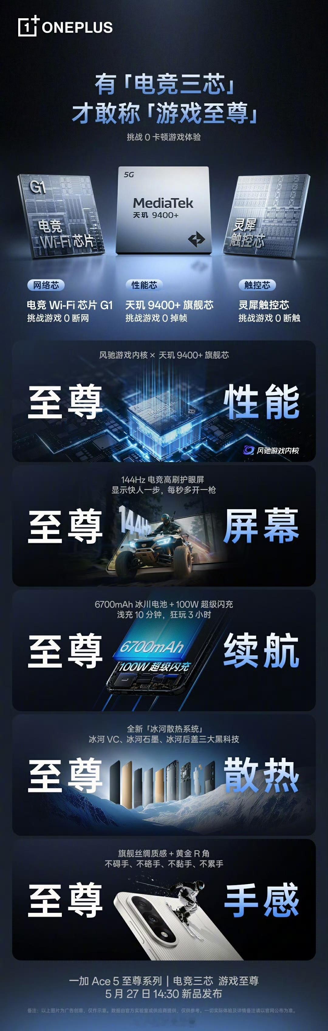 来了来了，有电竞三芯的一加Ace5至尊系列下午14:30发布[举手][举手]大家