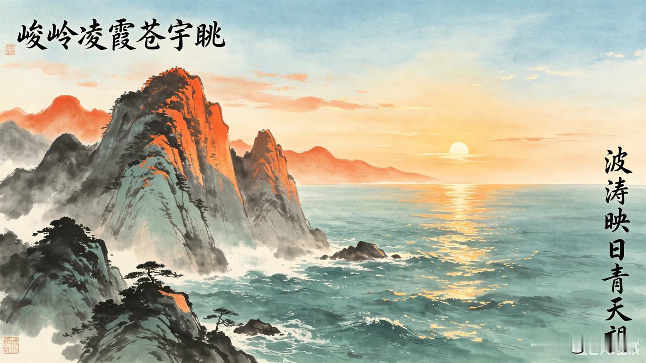 上联：峻岭凌霞苍宇眺
下联：波涛映日青天望