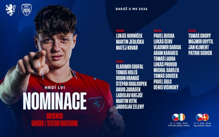 世预赛附加赛战爱尔兰，捷克名单：希克、绍切克、曹法尔在列北京时间3月27日3点4