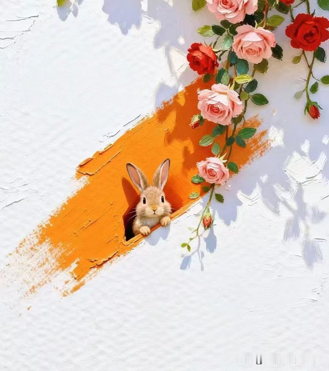 墙洞小兔
白墙冷似冬雪
橙黄暖若明月
小兔探头
软耳轻垂
黑眸圆圆
惹人沉醉
粉