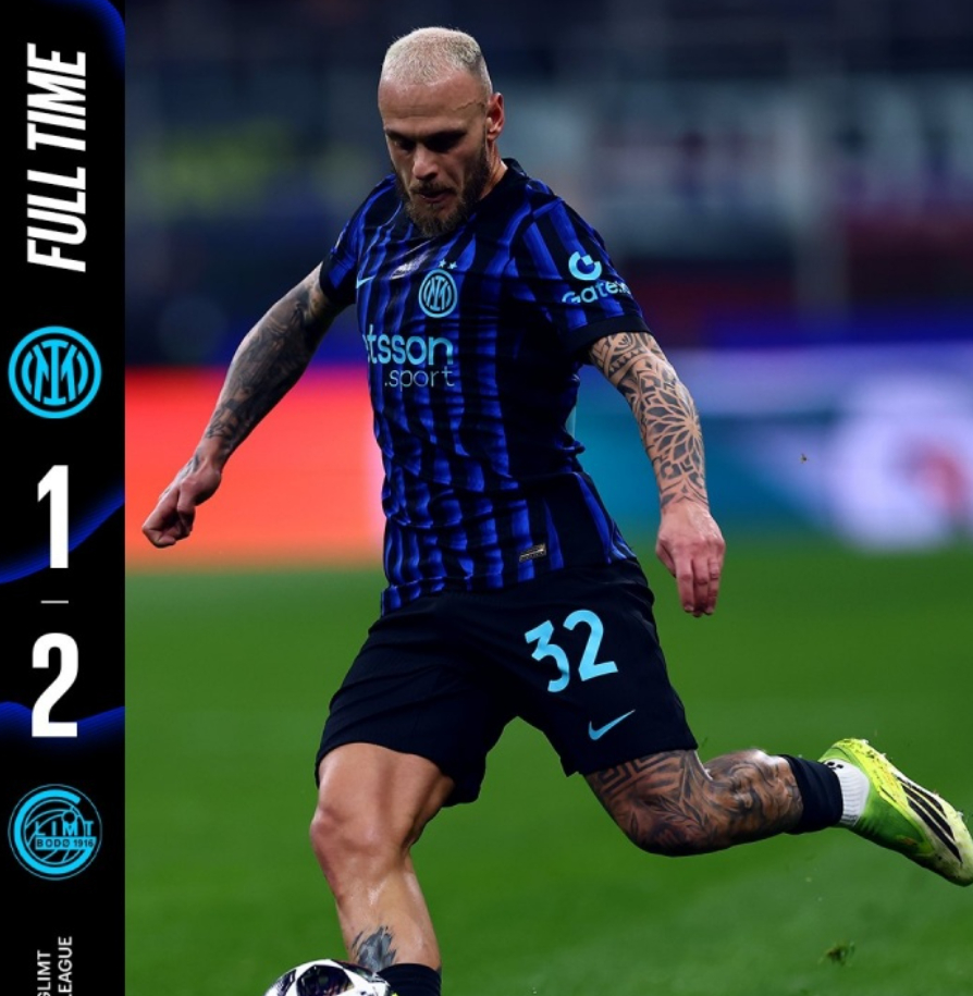 欧冠淘汰赛附加赛次回合，国际米兰1-2不敌博德闪耀，两回合总比分2-5遭到双杀无