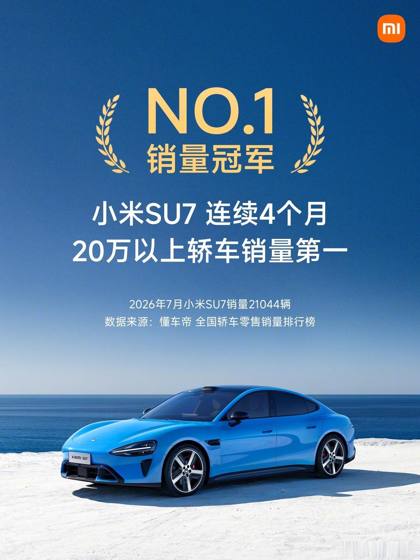 小米SU7七月销量21044辆小米SU7七月销量21044辆，连续4个月拿下20
