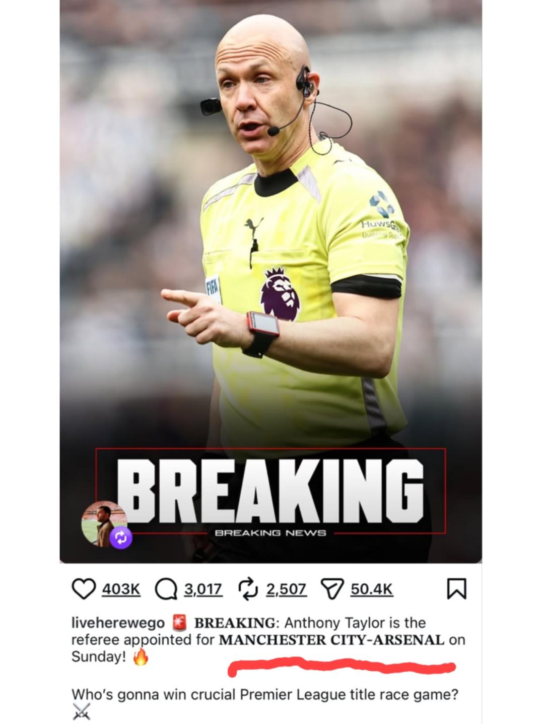 “名哨”安东尼-泰勒将执法本周末英超争冠的天王山之战:阿森纳vs曼城。
不要觉得