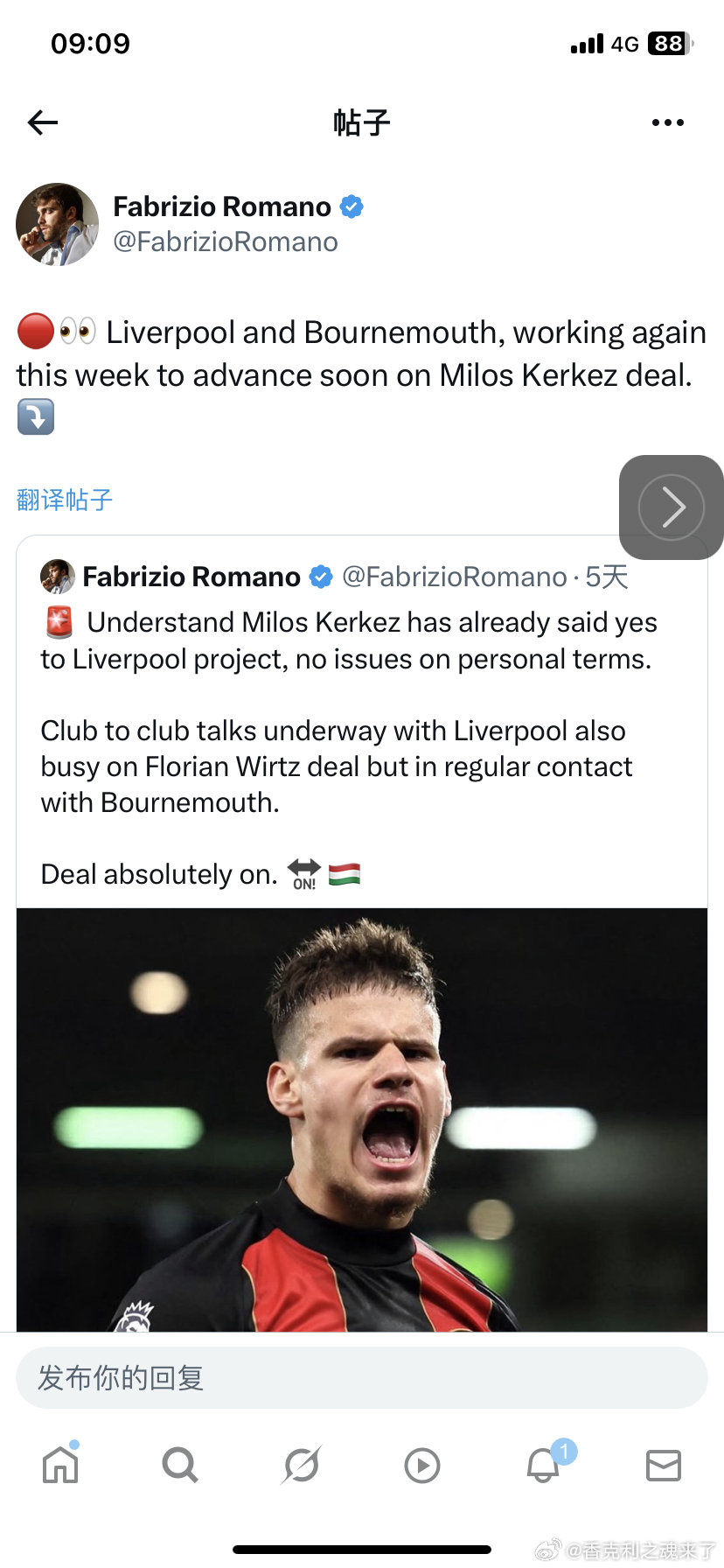 罗马诺透露利物浦与伯恩茅斯本周再次展开谈判，双方正积极推进科尔克茨的转会交易。 