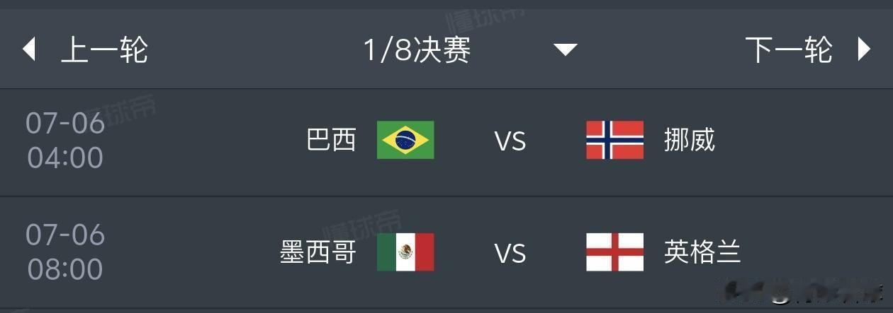 美加墨世界杯1/8决赛预测（7月6日）
1，巴西2比1挪威
2，墨西哥0比2英格