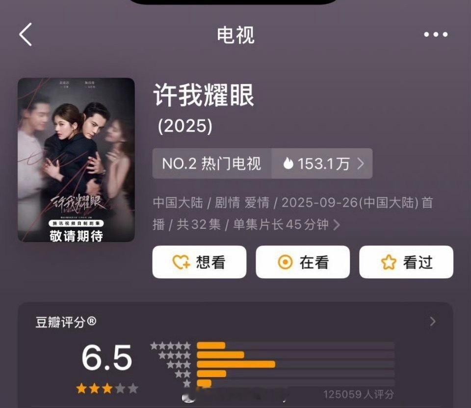 赵露思、陈伟霆许我耀眼豆瓣开分 6.5 分，12 万人打分 ​​​