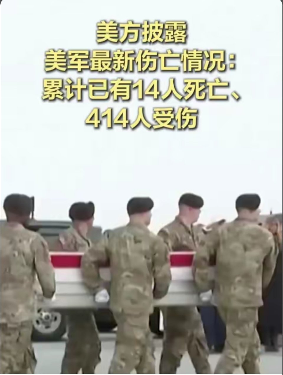 美媒：对伊军事行动中美军死亡人数升至14人，另有414人受伤！对伊朗行动中美军1