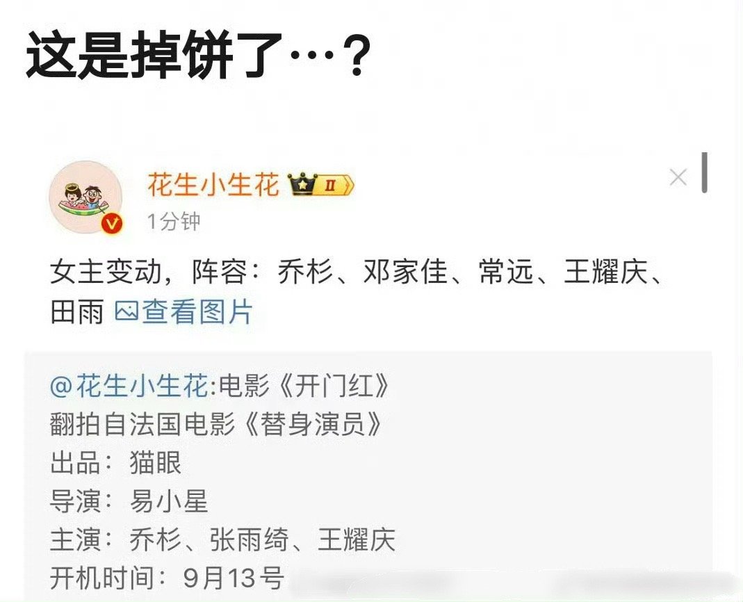 有网友发现，张雨绮疑似掉饼了，之前还传出她将出演电影《开门红》，如今女主却换成了