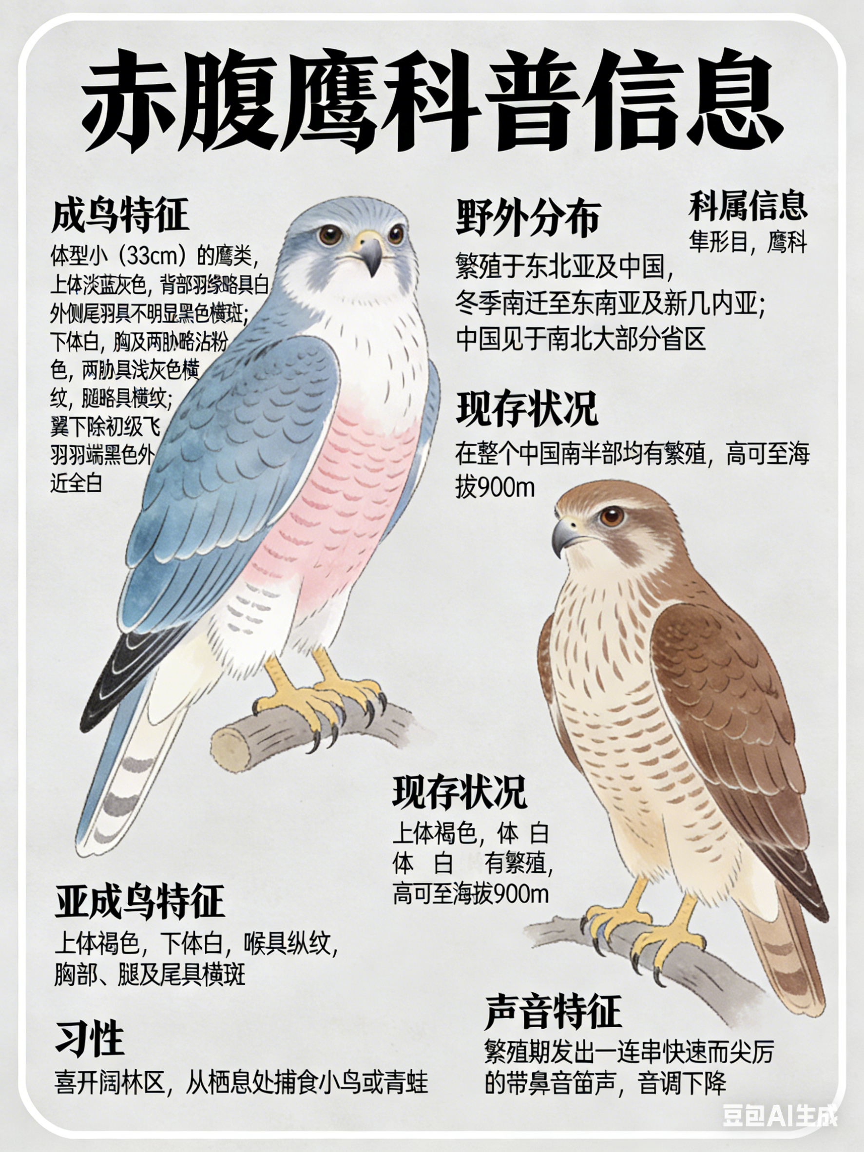 鸟类朋友图鉴 赤腹鹰·科属：隼形目，鹰科。·外形特征：体型小（33cm）的鹰类。