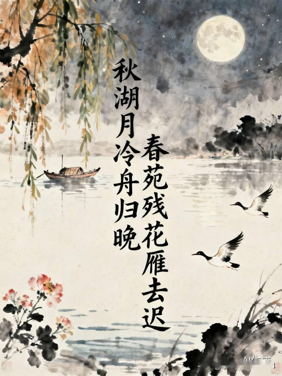 上联:秋湖月冷舟归晚，求下联
下联，春苑残花雁去迟！