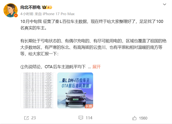 博主征集100位秦L车主数据：比亚迪OTA后 平均油耗下降16.5% 