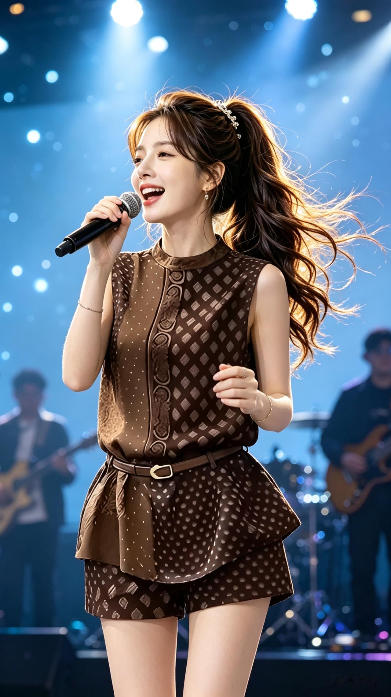 35岁清秀女性五官精致，舞台深情演唱，手持麦克风身姿灵动。棕色高马尾微卷飘逸，发