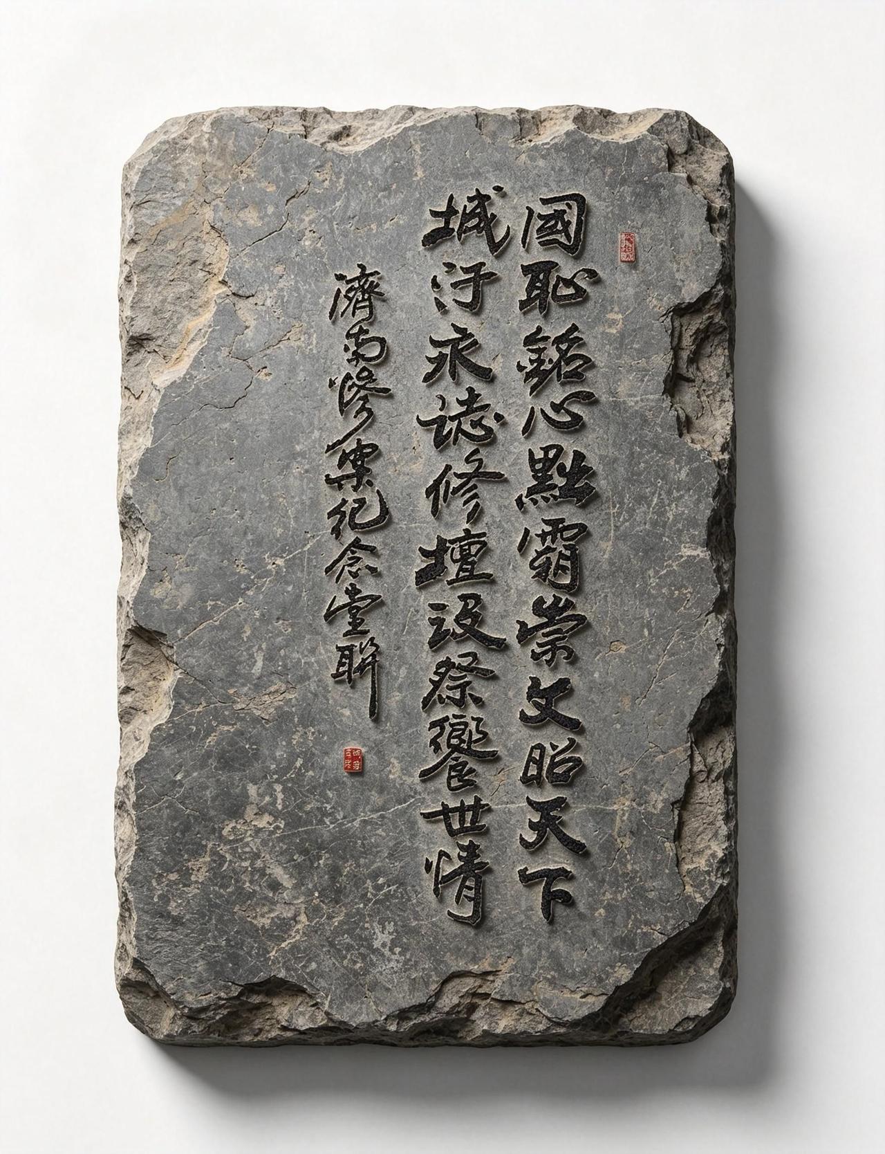 国耻铭心，黜霸崇文昭天下；城汙永志，修坛设祭飨世情。AI古朴碑刻风 书法赏析 中