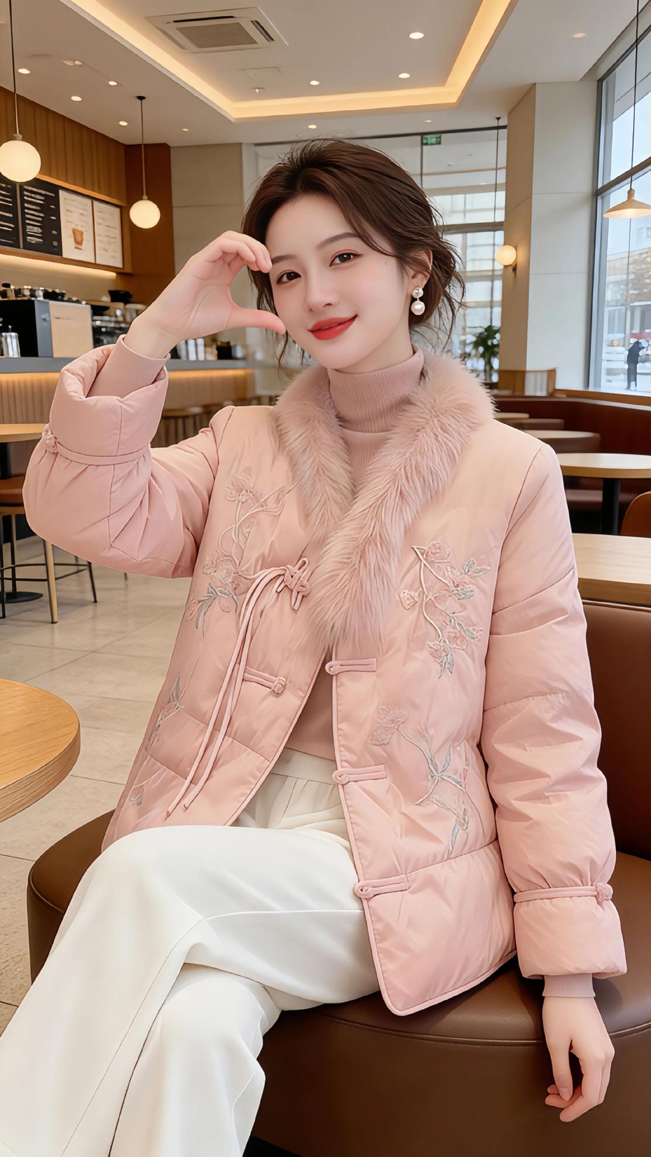 粉糯冬日
 
暖调的咖啡店里，浅粉的中式棉服裹着一身温柔，毛领的软绒蹭着脖颈，像