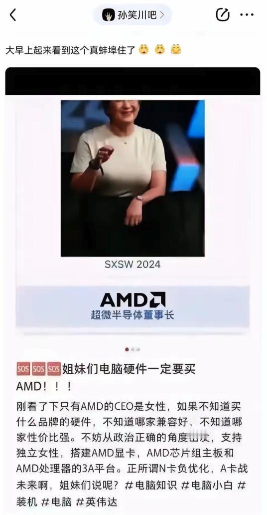 “买电脑只买AMD的，因为CEO是女的”。

没想到，连DIY圈也变得魔怔了，就