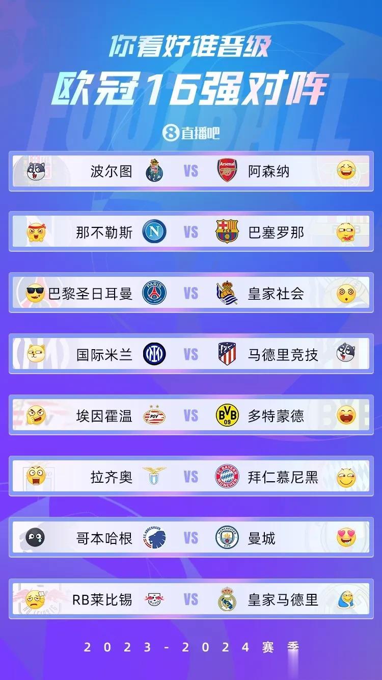 不出意外的话，欧冠8强分别是它们——

阿森纳
那不勒斯
大巴黎
国际米兰
多特