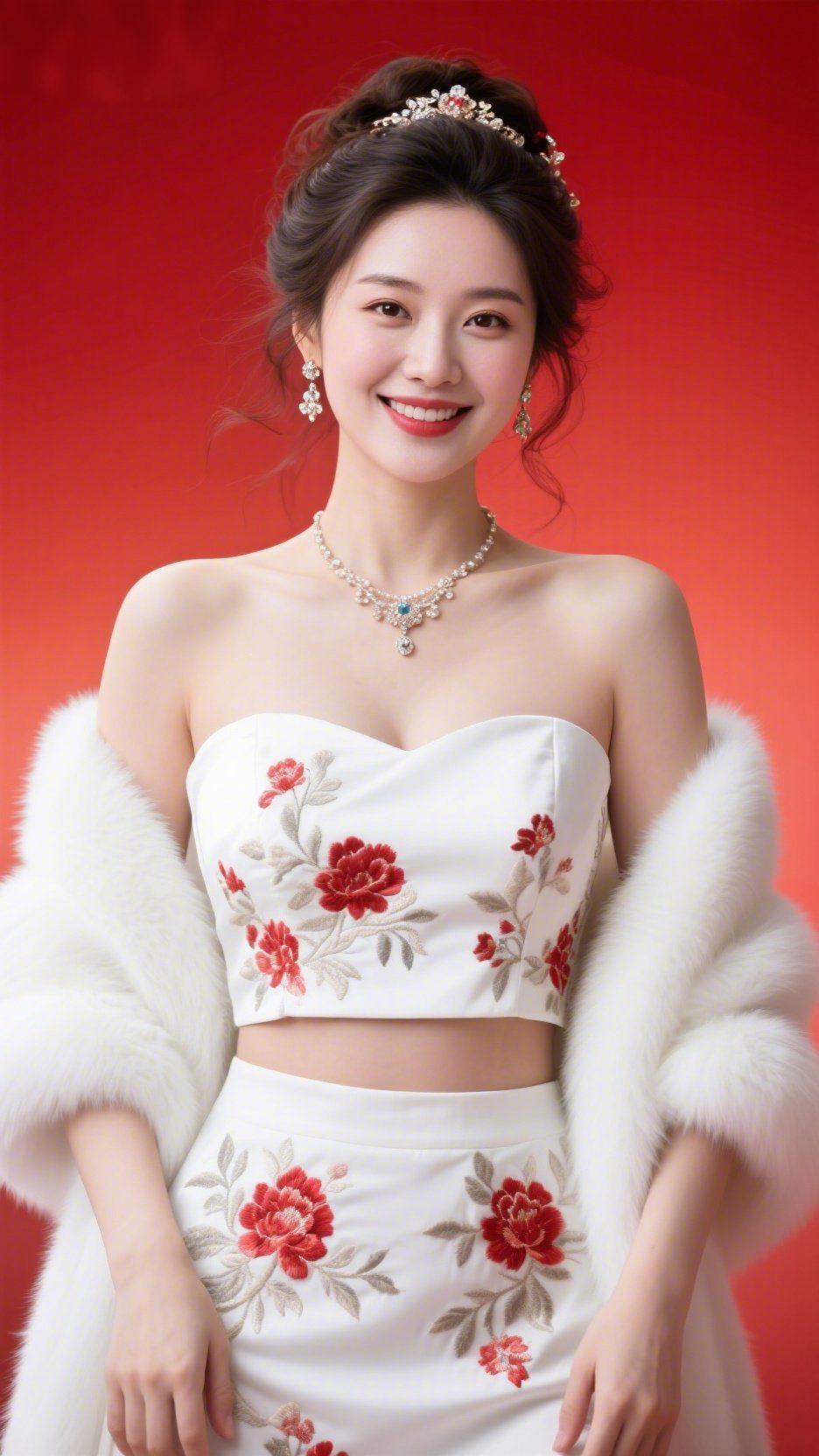 《红幕白裳缀华芳》
 
热烈的红作背景，她立于其中，似裹了层温煦的光。白裳之上绣