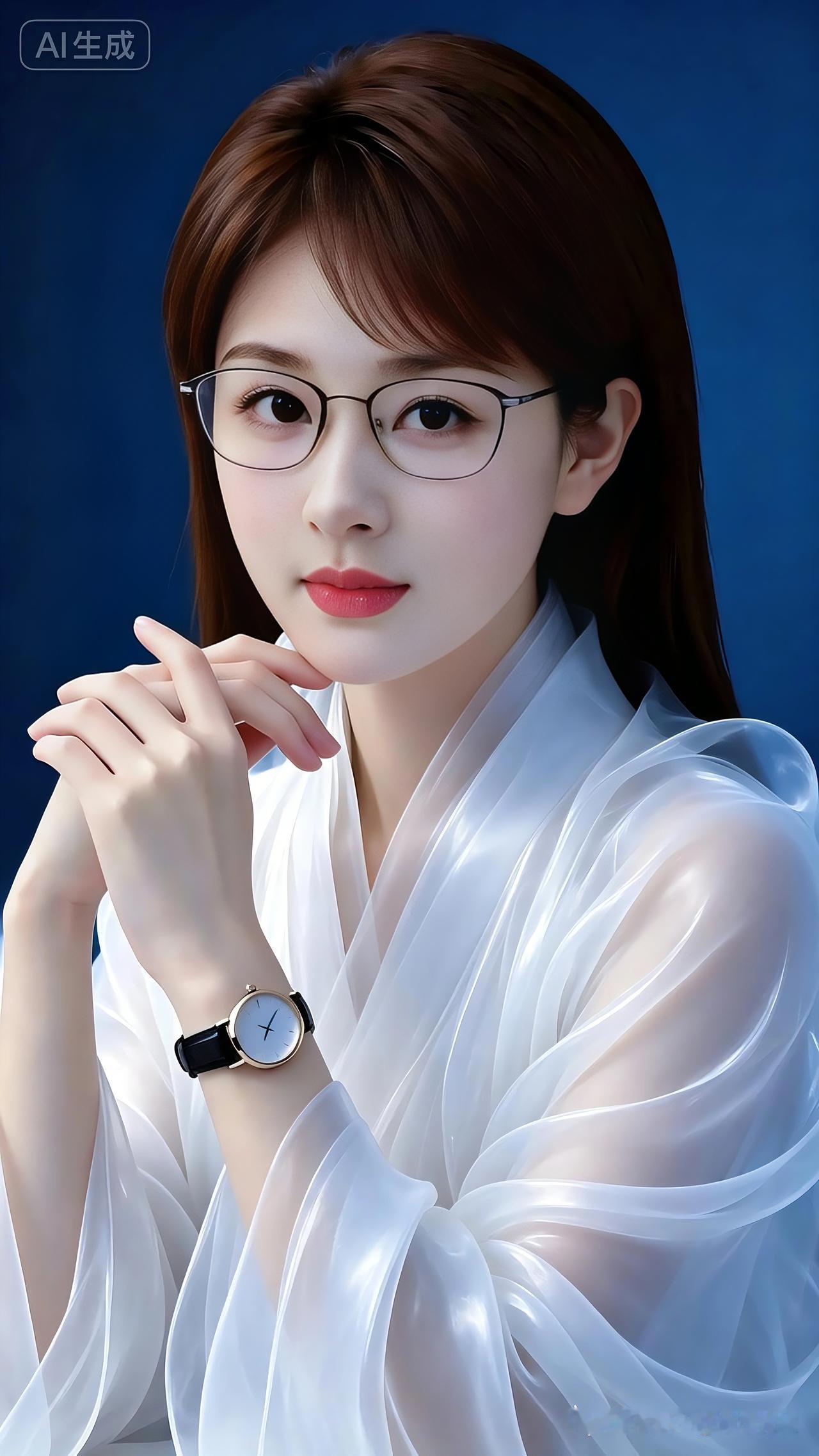 柔长发丝衬玉颜，
细框轻架显文娴。
白衣纱袖随风软，
腕表轻缀腕边间。
素手轻托