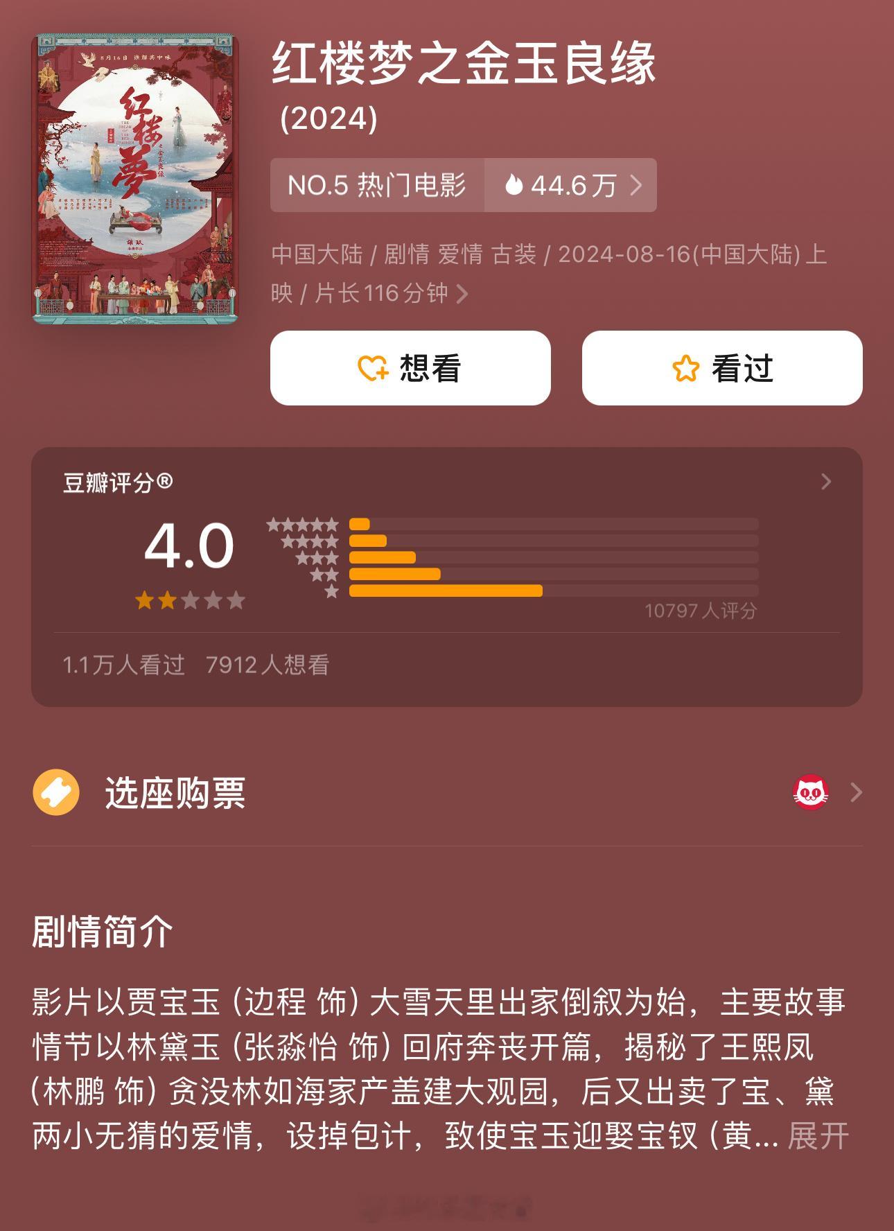 #电影红楼梦豆瓣开分4.0#omg 这么难堪#红楼梦之金玉良缘开分4.0# ​​