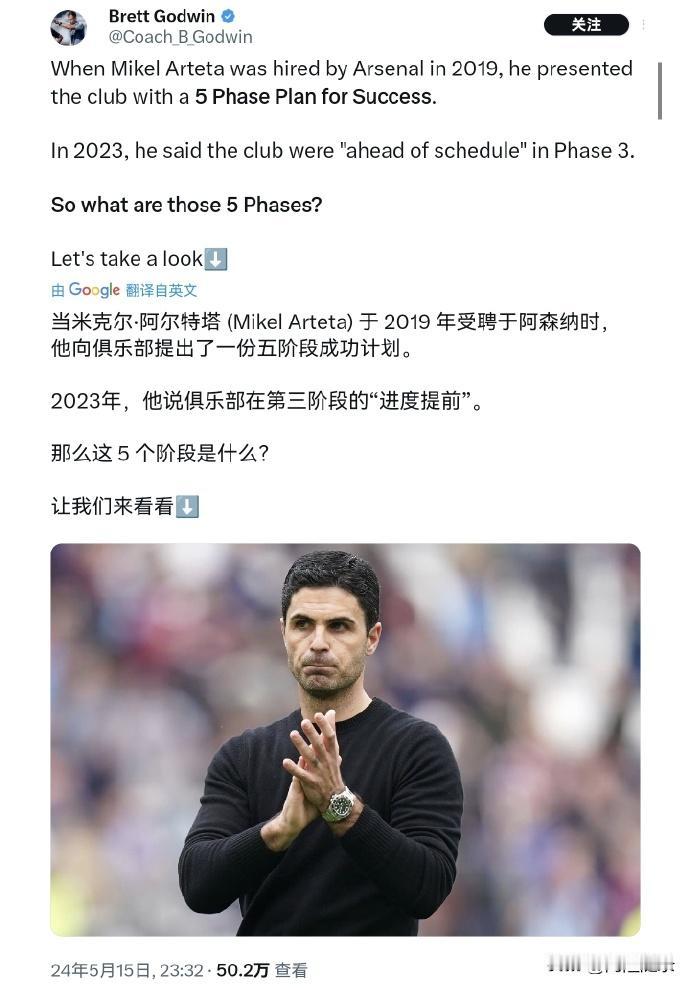 阿尔特塔2019年向阿森纳提出的“五阶段”：文化，人员，争冠，冠军，持续！

阿