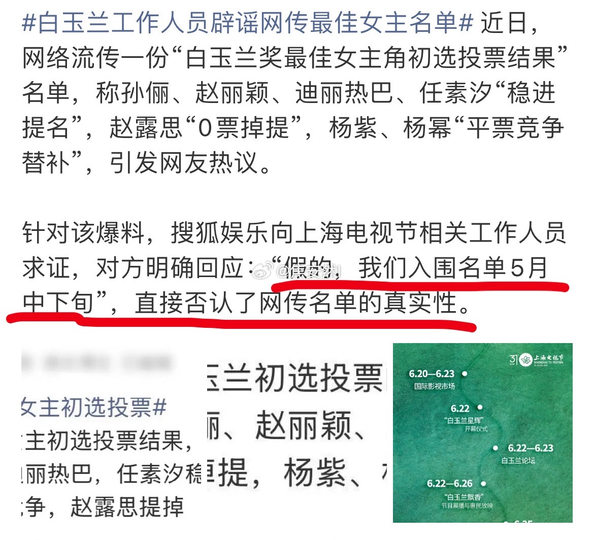 真尴尬……竟然被白玉兰直接辟谣了网传挽尊名单网传白玉兰最佳女主初选投票