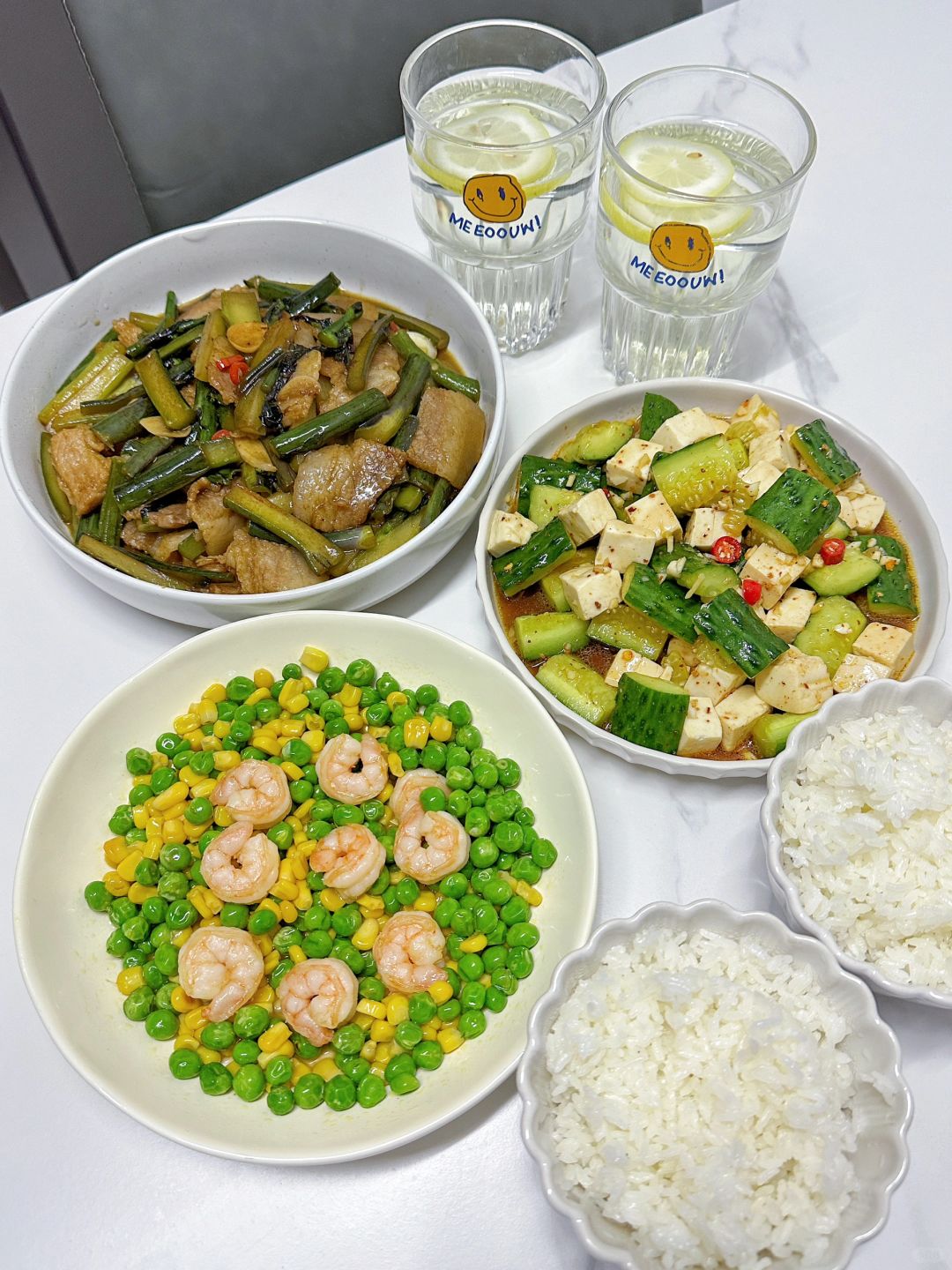 ✅晚餐分享｜豌豆虾仁➕咸肉紫菜苔➕黄瓜拌豆腐