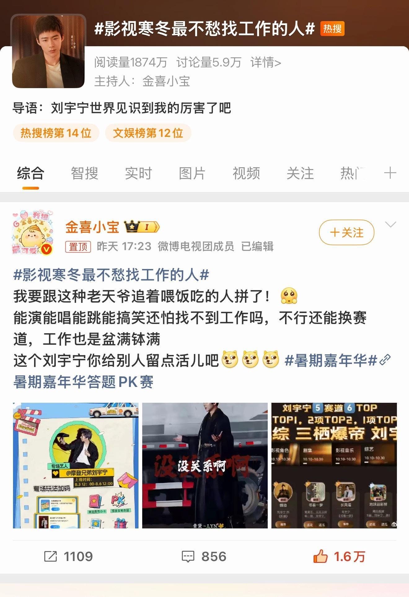 影视寒冬最不愁找工作的人哎一早晨起来热搜还在高位，太厉害了，原创量1.1万刘宇宁