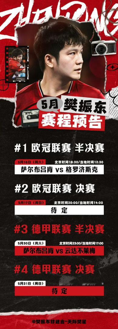 樊振东5月赛程全预告！德甲联赛+欧冠联赛双线开战，随萨尔布吕肯冲击冠军巅峰5月的