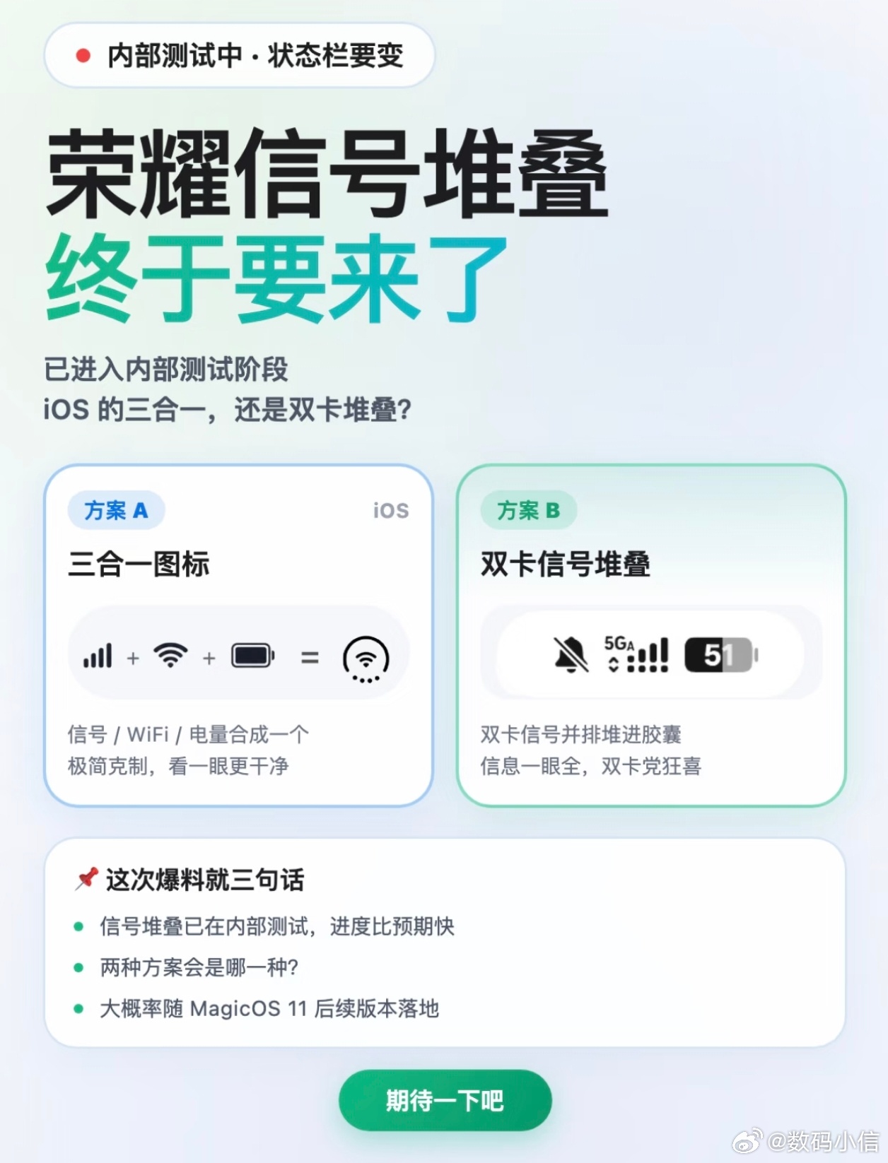 MagicOS11荣耀大家盼了好久的状态栏信号堆叠功能，已经在内测啦，进度比预想