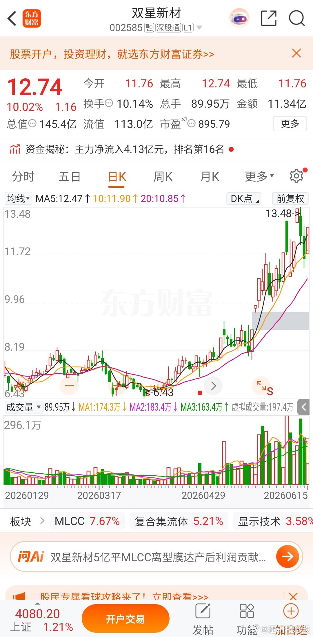 12号解读的，今天表现不错。南方财经6月15日电，MLCC概念表现强势，双星新材