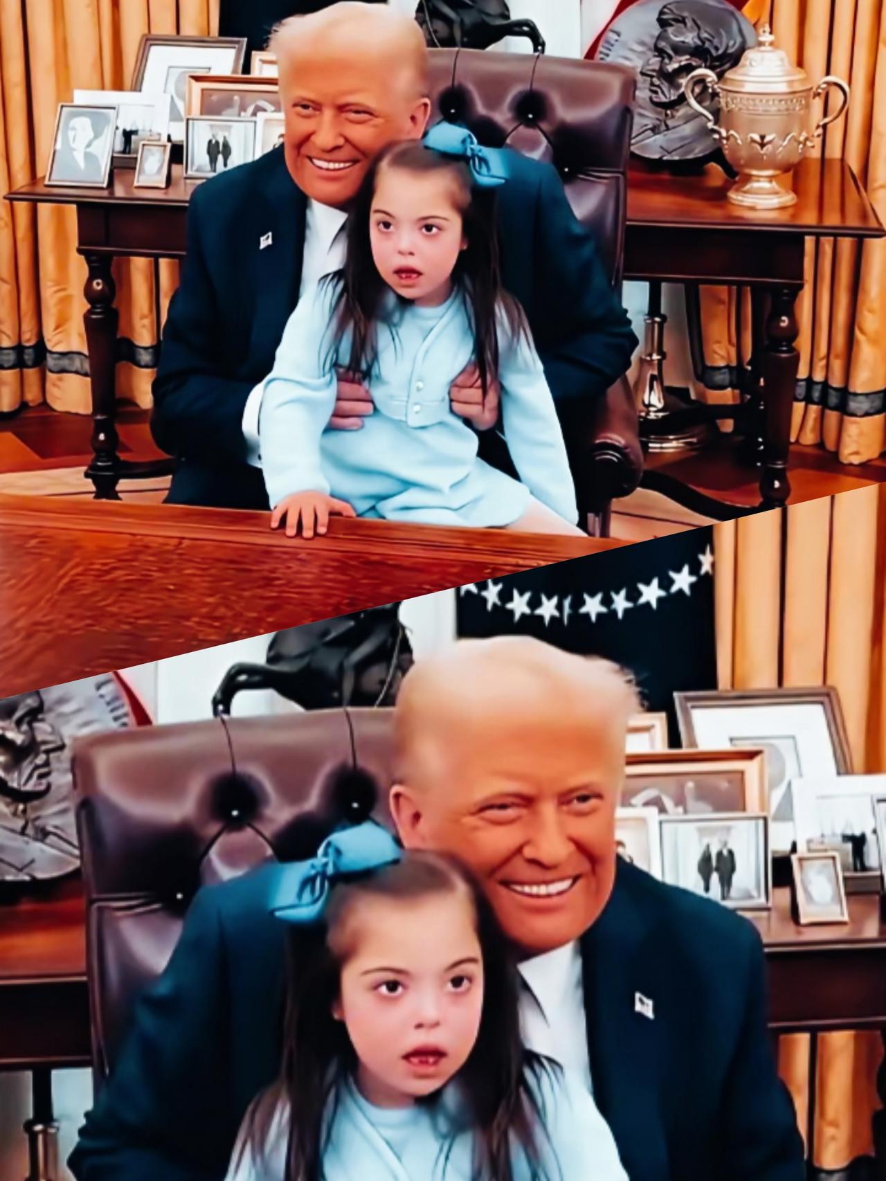 特朗普满脸笑容和抱着的小孩脸上表情，形成了鲜明对比啊！
小朋友脸上的表情，是不是