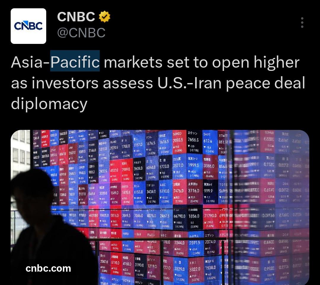 CNBC消息，亚太市场走高，投资者对美伊和平协议外交进行评估。

市场资金聚焦美