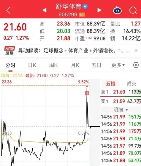 舒华体Y，这散户也太会买了吧，量化都买不到这最高点吧！体育龙头舒华早上开两个点后